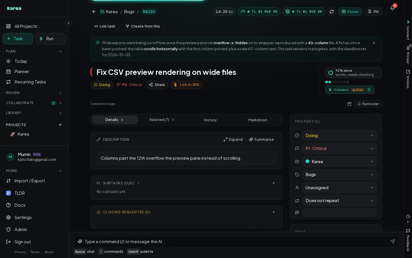 A Karea task page with its AI summary, status, priority, description and properties